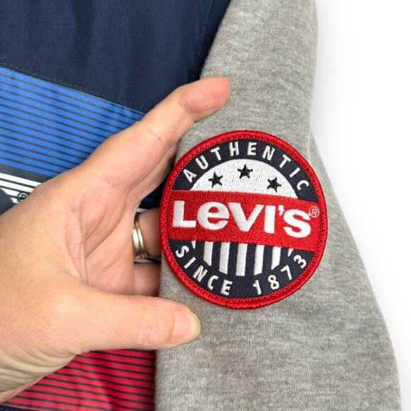 Levi’s Spell Out Logo Full Zip Blue and Gray Puffer Vest Hoodie Boys Size L - Picture 5 of 9